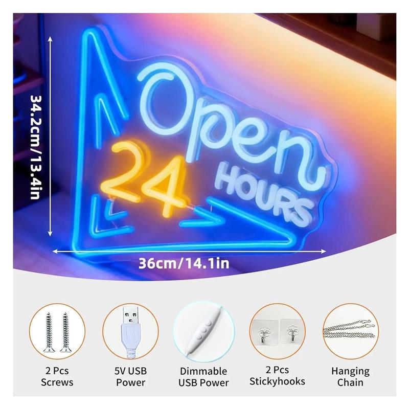 Open 24 Hours Neon Sign USB Po - Decor Lighting Opening Hours ulasan dan harga